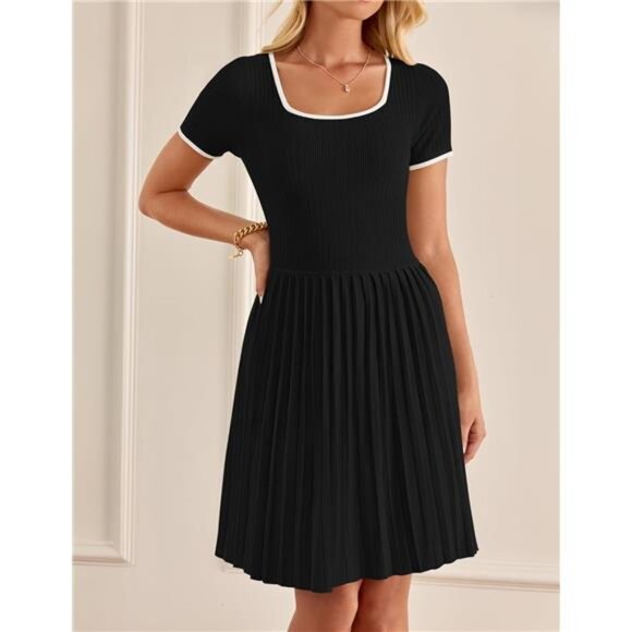 Ribbed Square Neck Color Block Pleated Mini Dress Short Sleeve A-Line - Picture 2 of 7